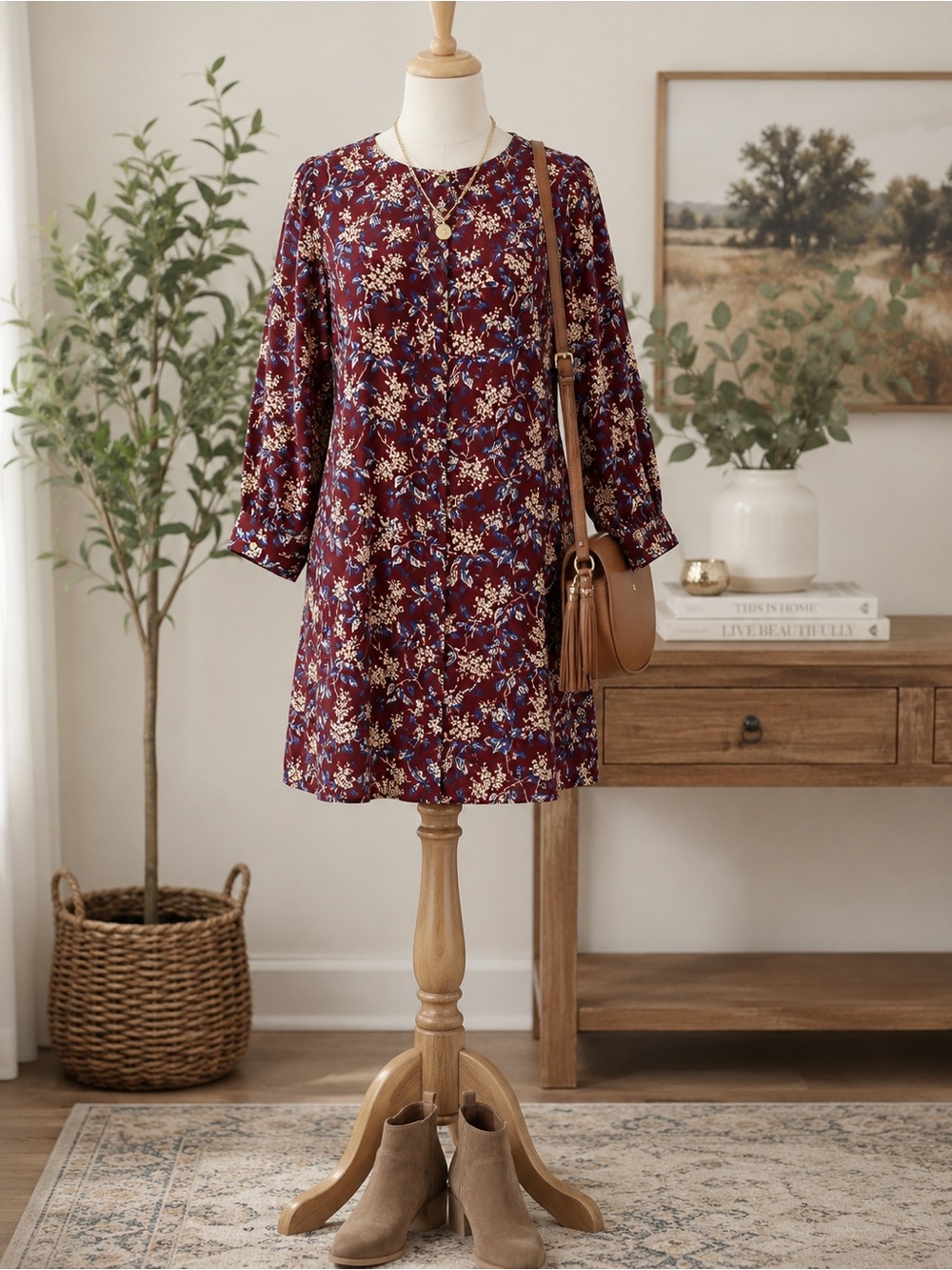 Madewell Burgundy Floral Shift Dress Size S Long Sleeve Boho Mini Cottagecore